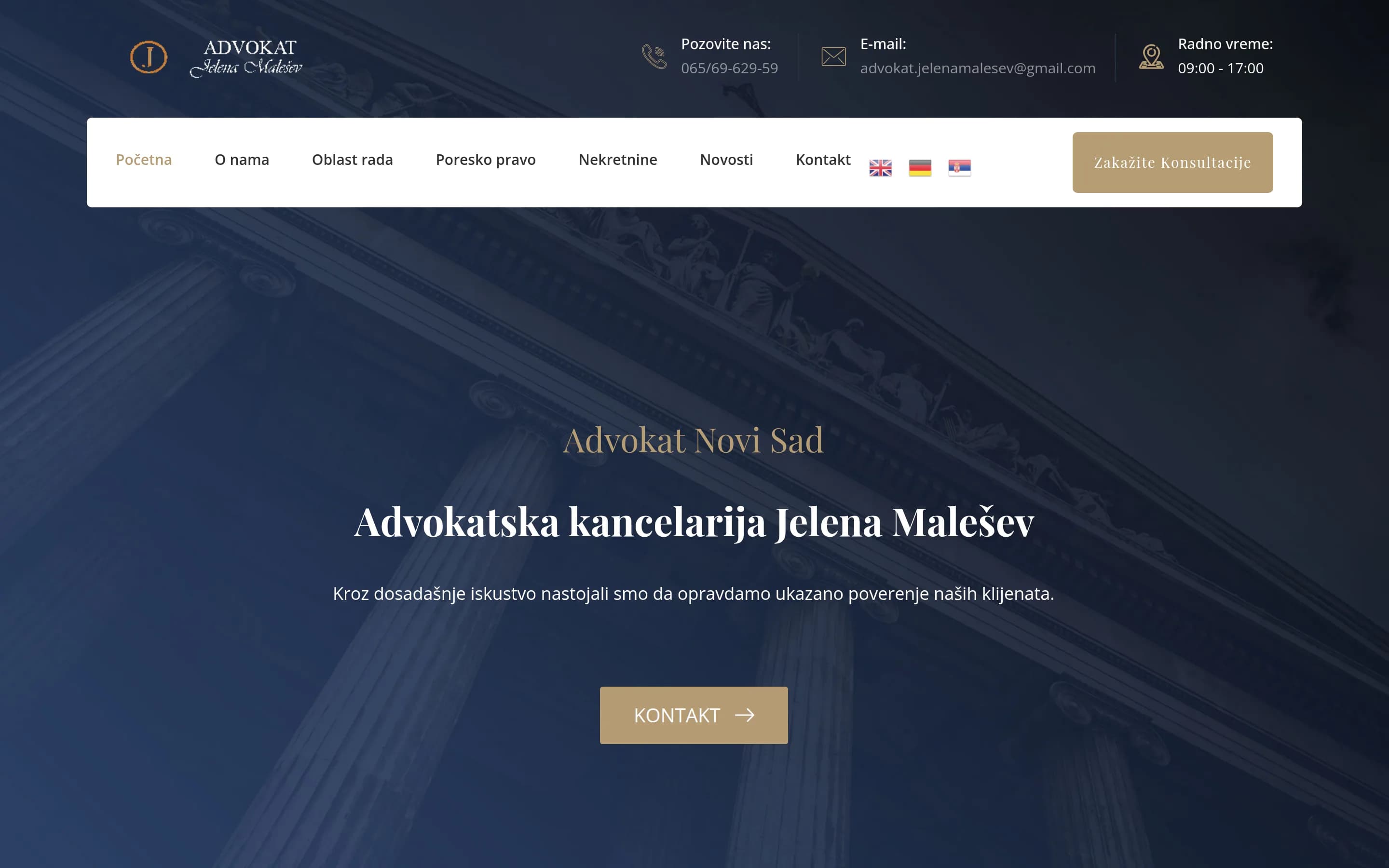 Sajt Advokat Novi Sad — screenshot početne stranice koju je izradio StartUp Solutions