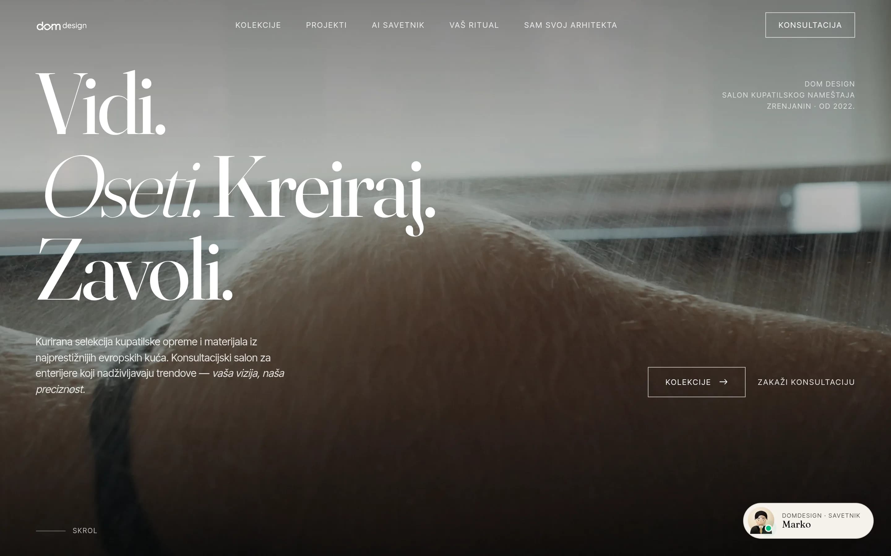 Sajt DomDesign — Luxury Showroom — screenshot početne stranice koju je izradio StartUp Solutions