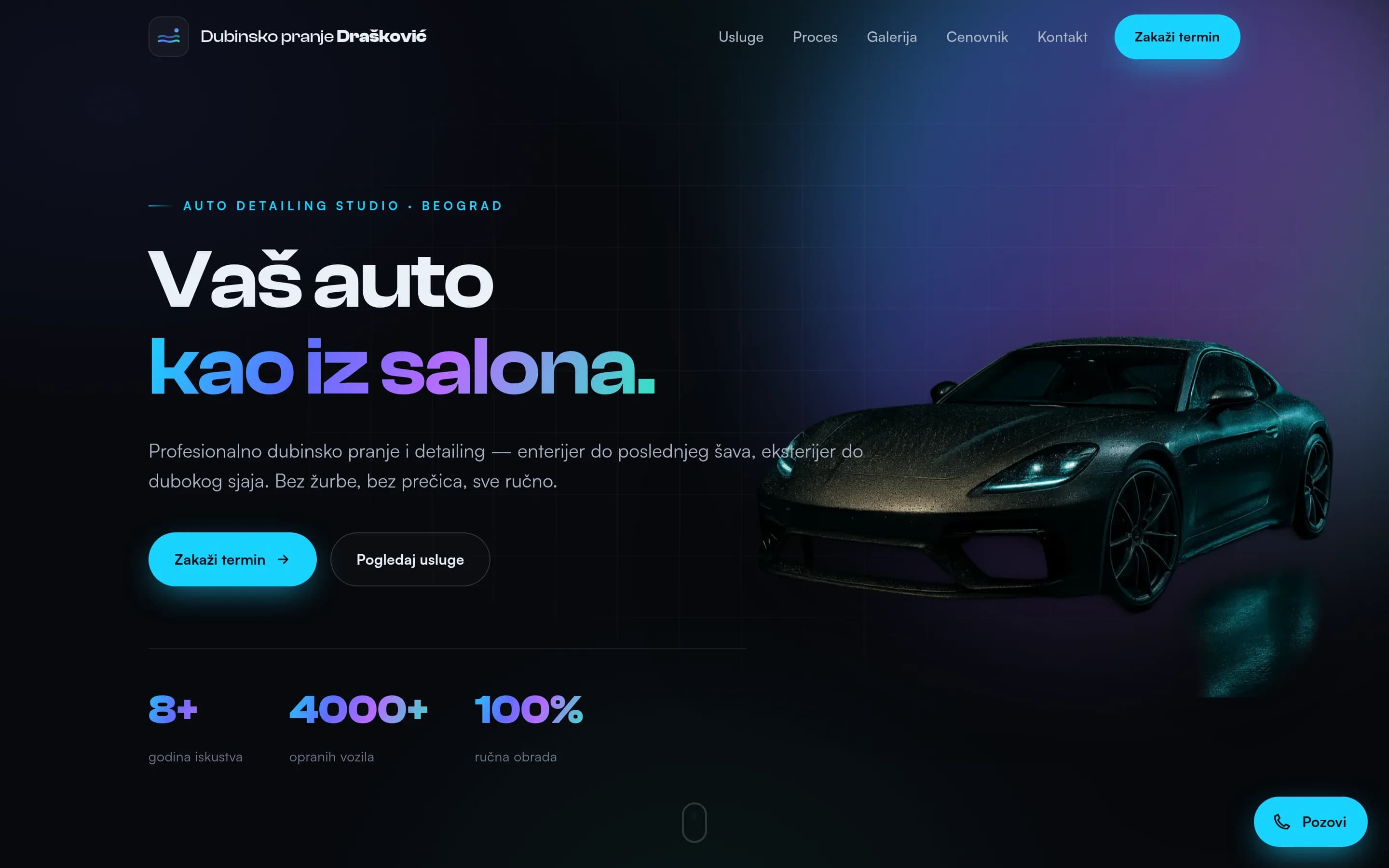 Sajt Dubinsko pranje Drašković — screenshot početne stranice koju je izradio StartUp Solutions