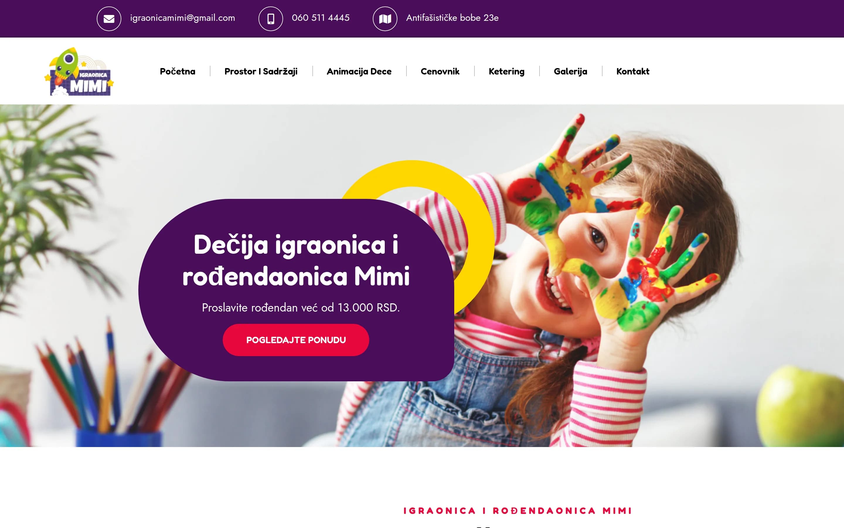 Sajt Dečija igraonica Mimi — screenshot početne stranice koju je izradio StartUp Solutions