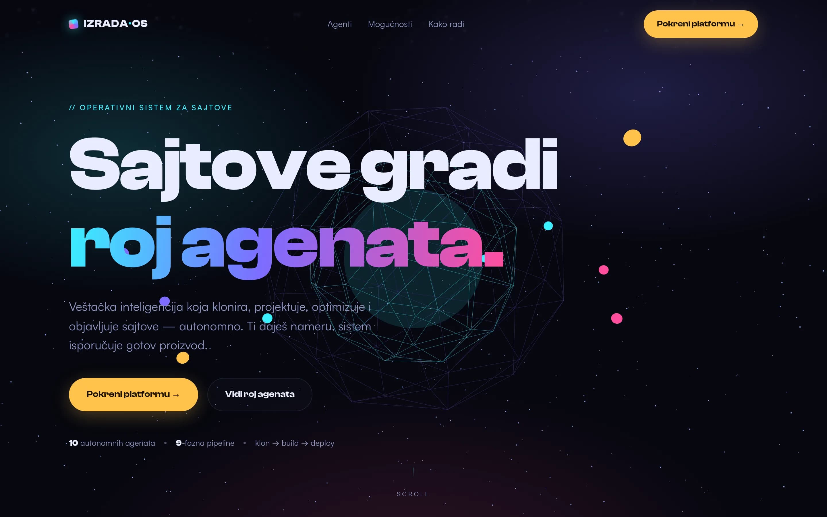 Sajt AI Website OS — svemirski 3D landing — screenshot početne stranice koju je izradio StartUp Solutions