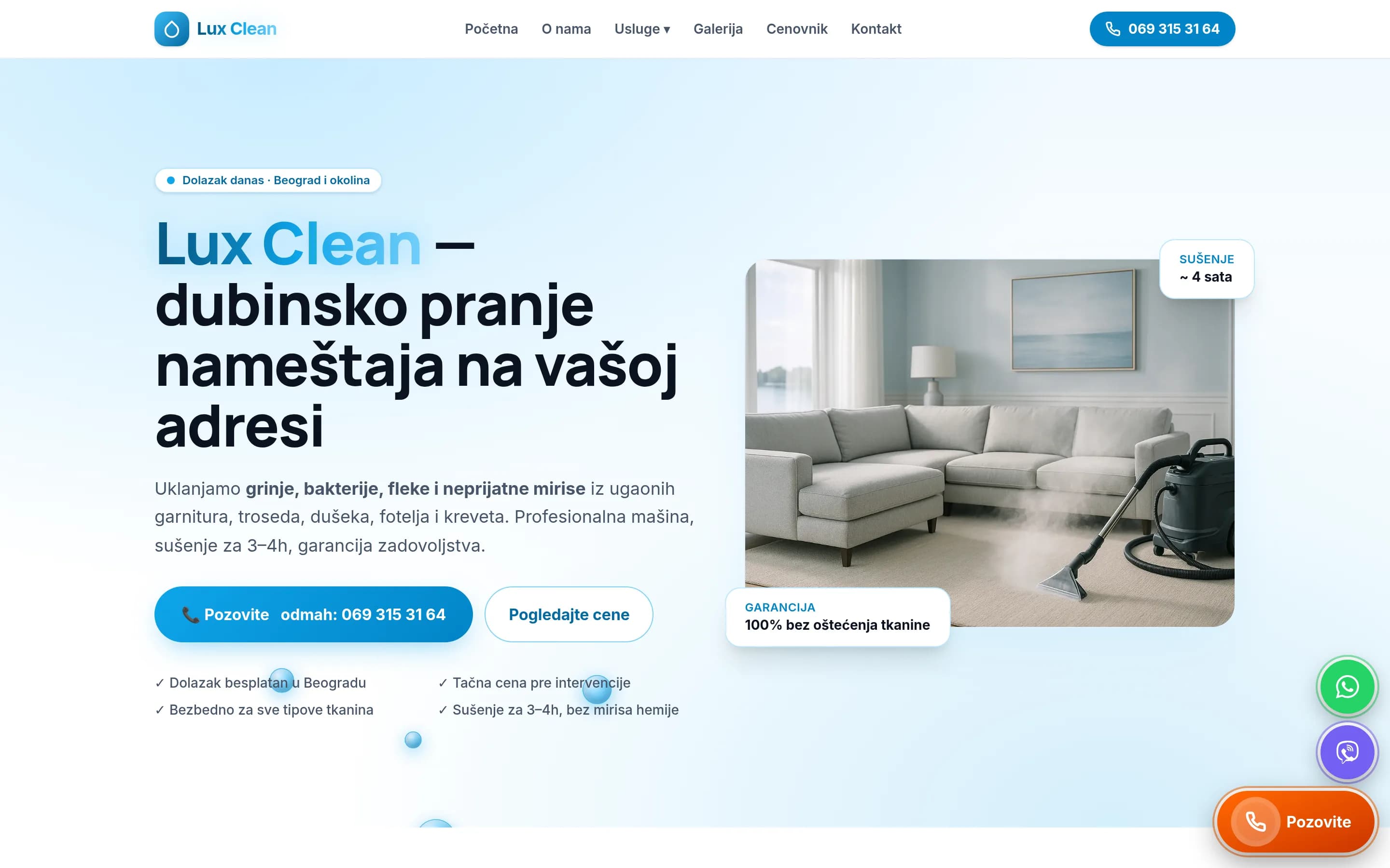 Sajt Lux Clean — dubinsko pranje nameštaja — screenshot početne stranice koju je izradio StartUp Solutions