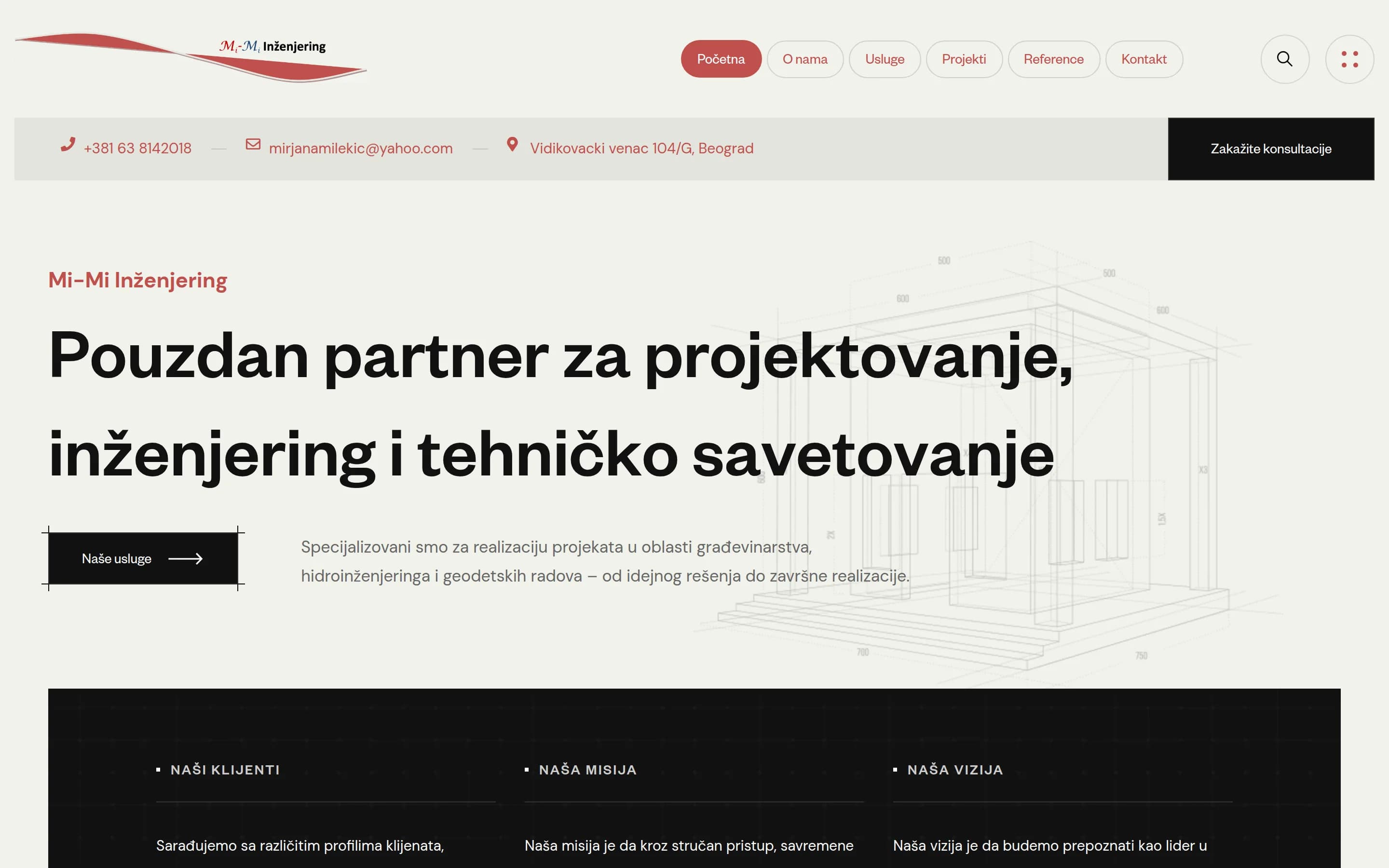 Sajt Mi-Mi Inženjering — screenshot početne stranice koju je izradio StartUp Solutions