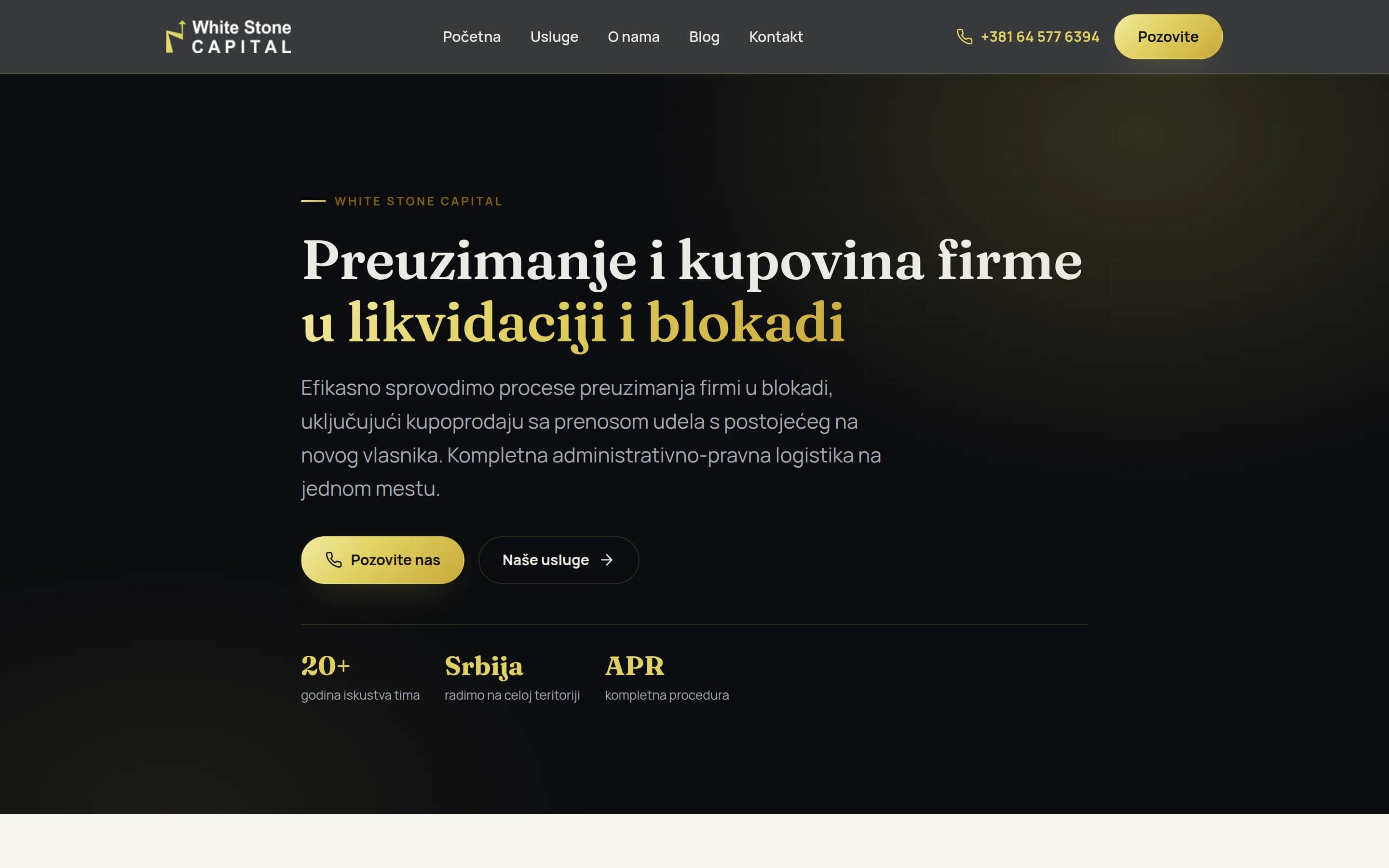 Sajt Preuzimanje Firmi — White Stone Capital — screenshot početne stranice koju je izradio StartUp Solutions