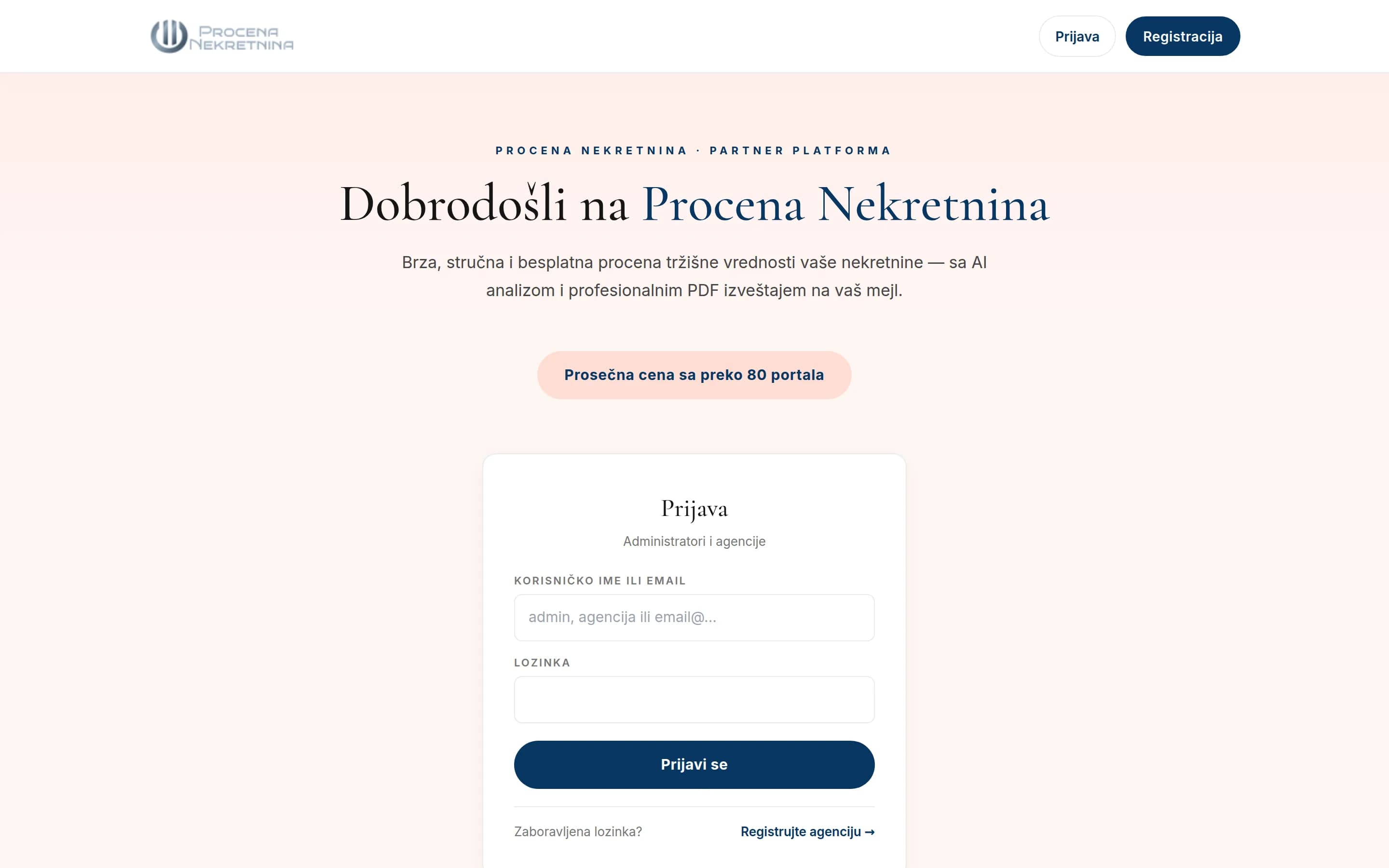 Sajt Procena Nekretnina — screenshot početne stranice koju je izradio StartUp Solutions