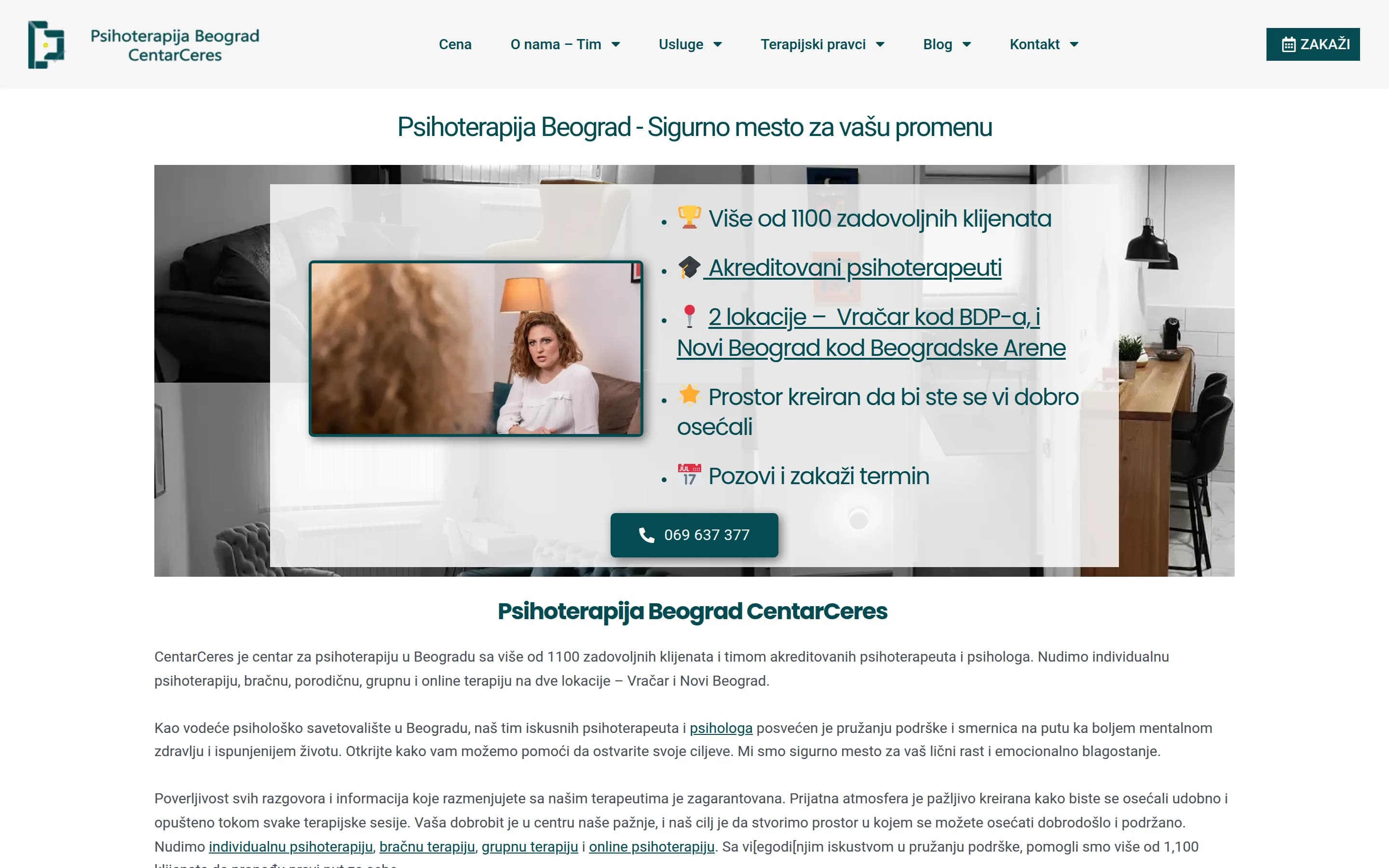 Sajt Psihoterapija Beograd — screenshot početne stranice koju je izradio StartUp Solutions