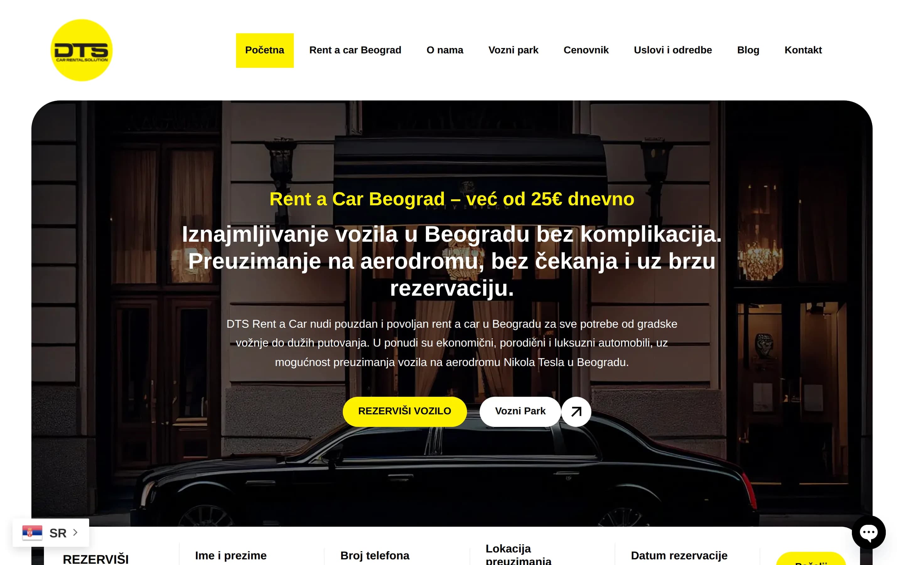 Sajt Rent a Car Beograd — screenshot početne stranice koju je izradio StartUp Solutions