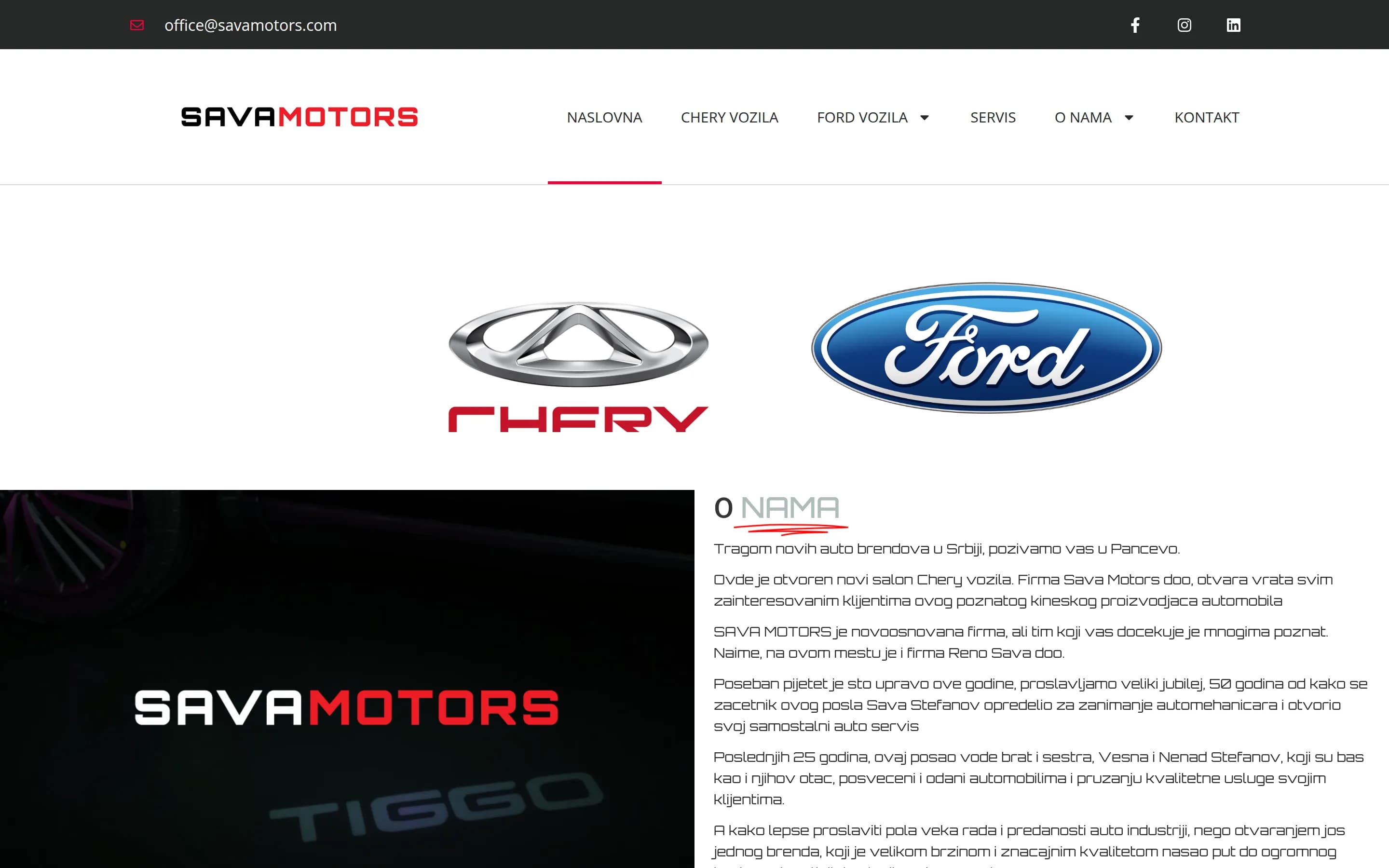 Sajt Sava Motors — screenshot početne stranice koju je izradio StartUp Solutions