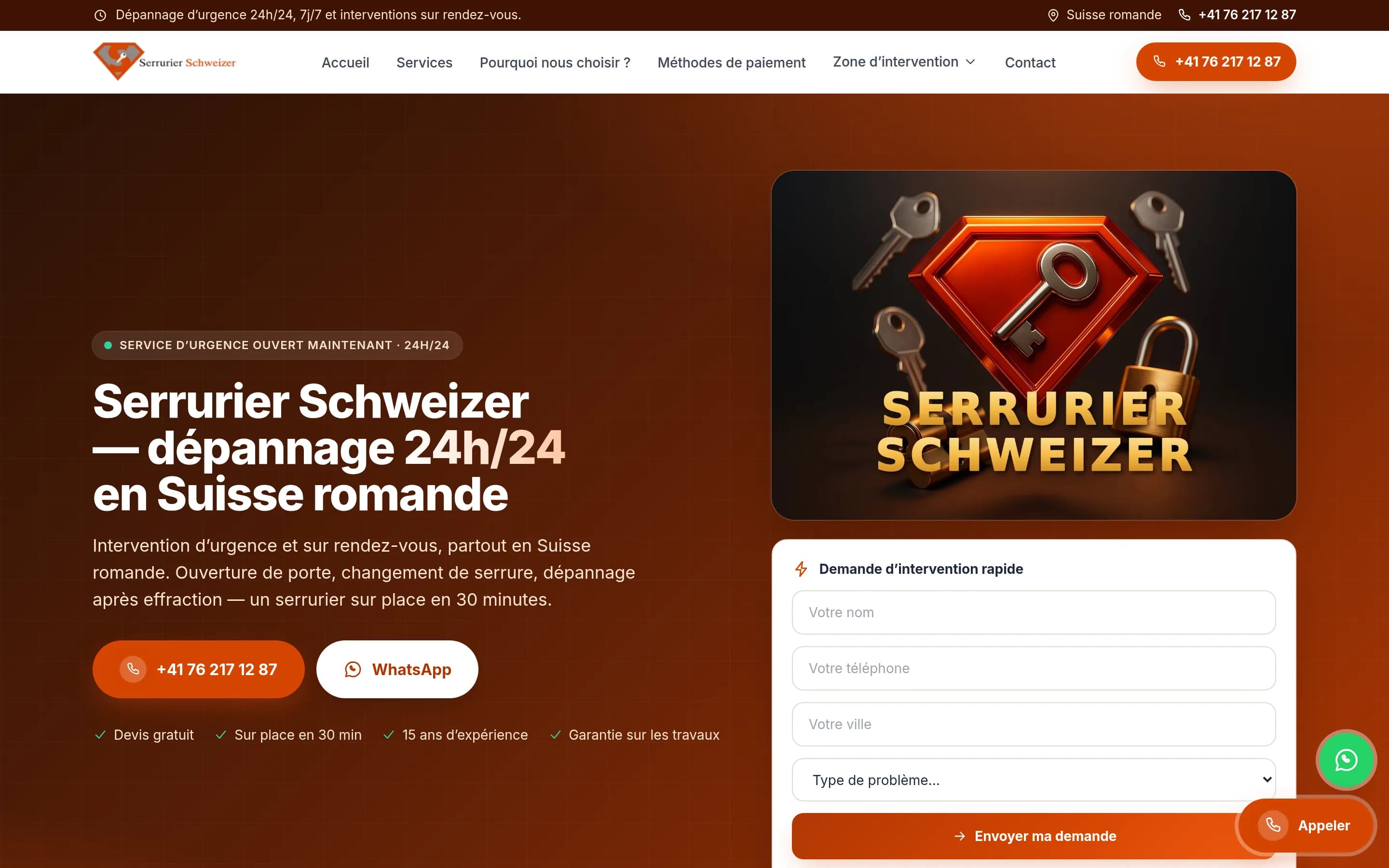 Sajt Serrurier Schweizer — screenshot početne stranice koju je izradio StartUp Solutions