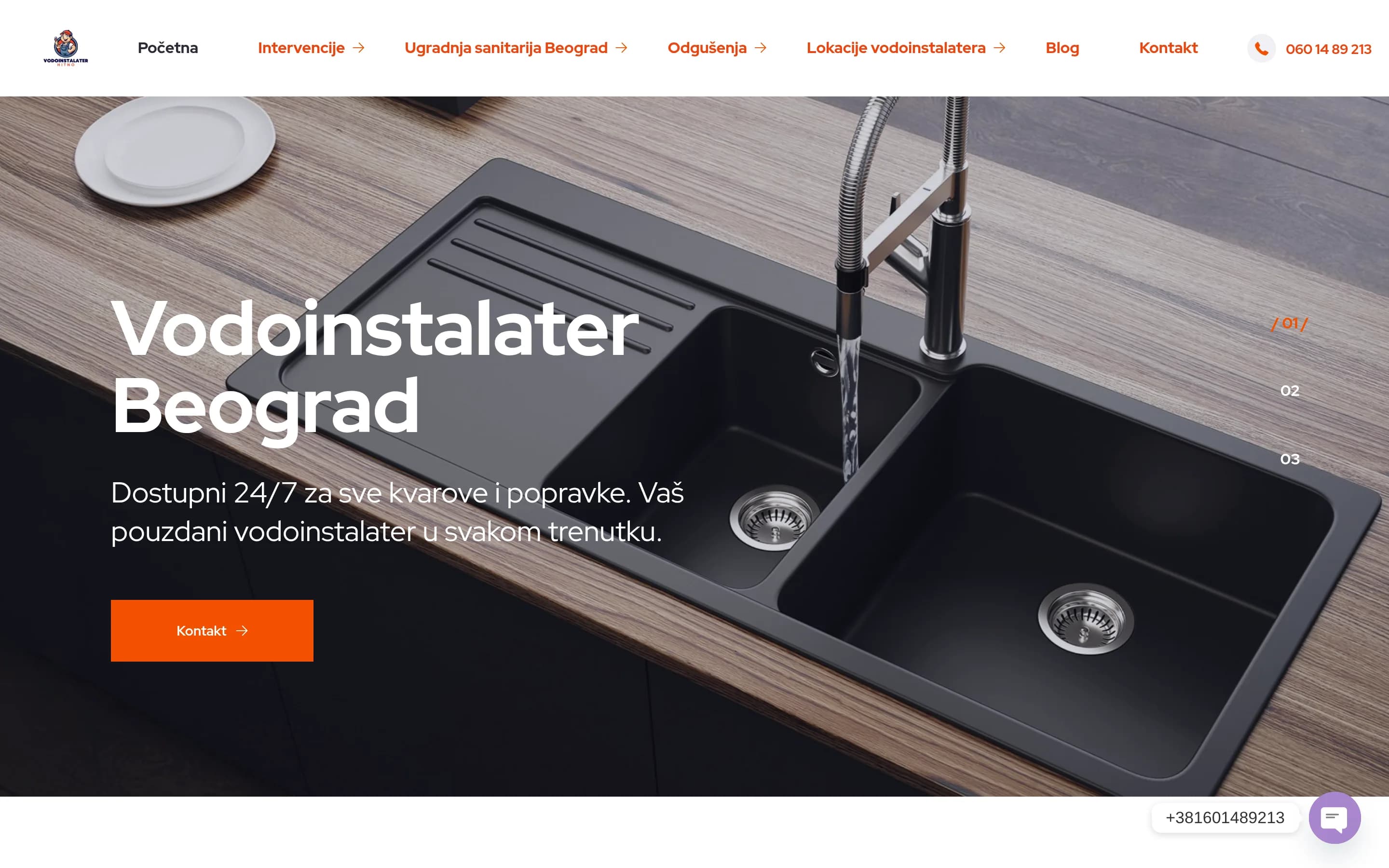 Sajt Vodoinstalater Beograd — screenshot početne stranice koju je izradio StartUp Solutions