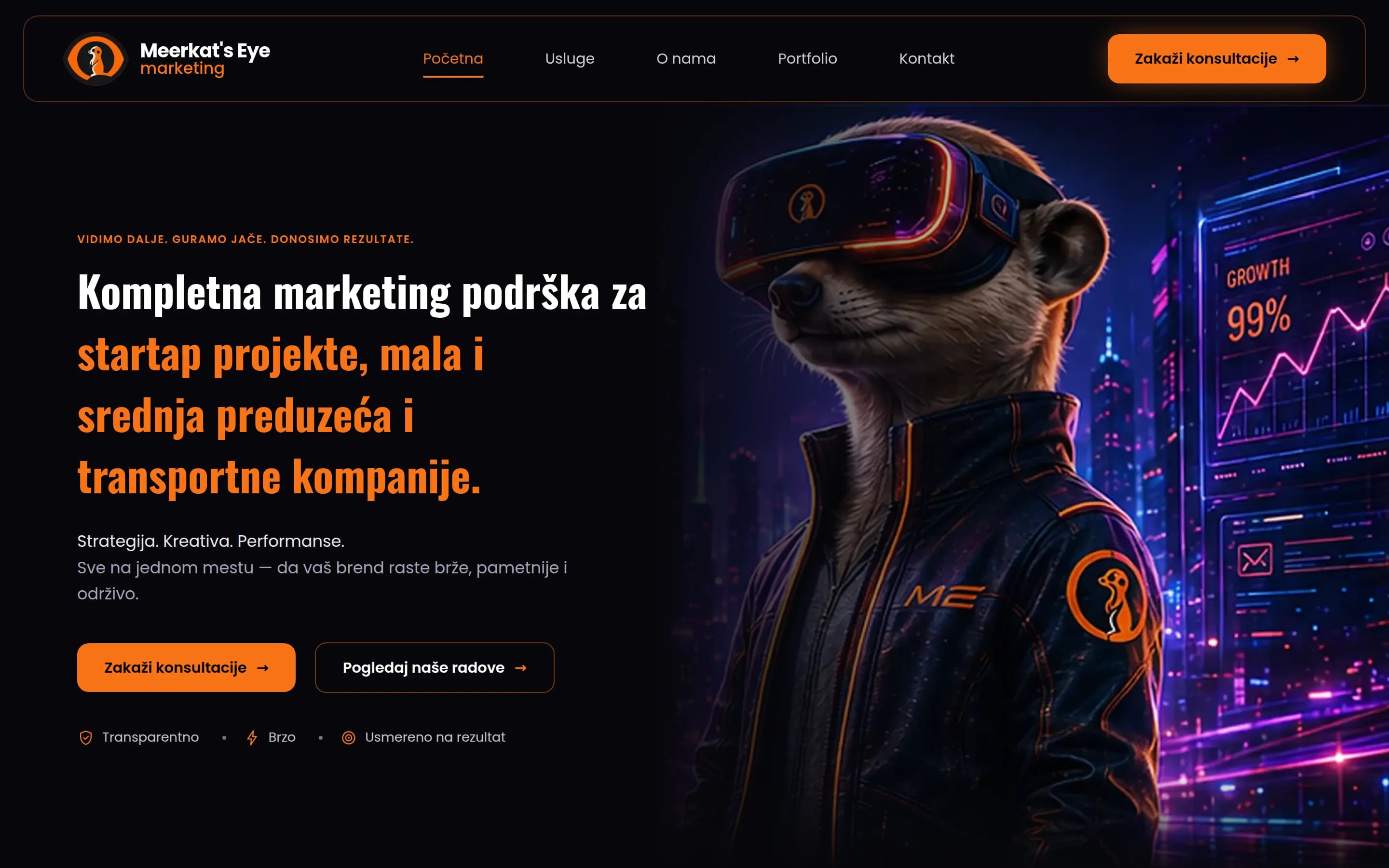 Sajt Meerkat's Eye marketing — marketing agencija — screenshot početne stranice koju je izradio StartUp Solutions