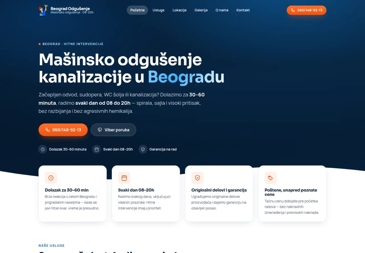 Sajt Beograd Odgušenje — mašinsko odgušenje kanalizacije — screenshot početne stranice koju je izradio StartUp Solutions