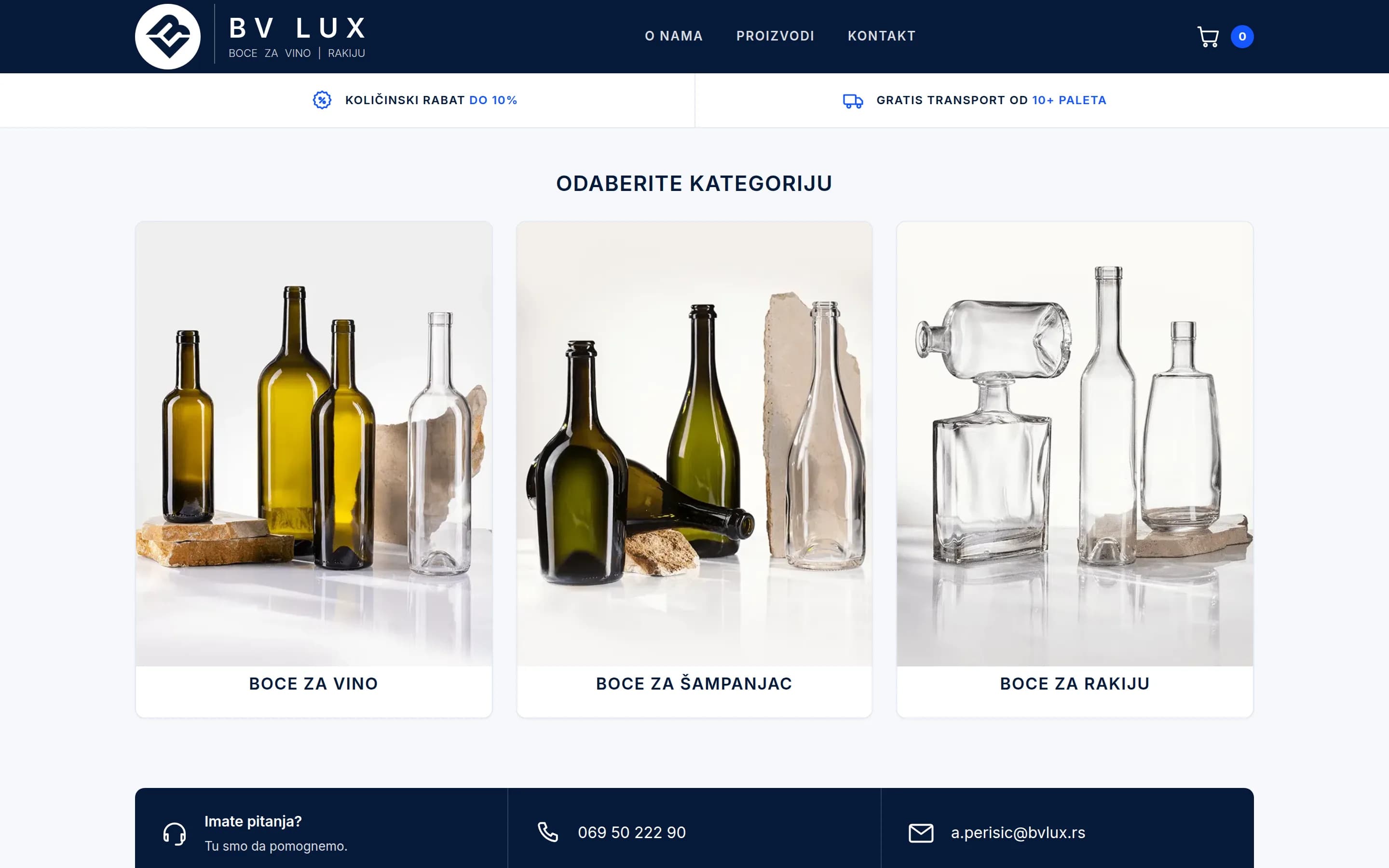 Sajt BV LUX — veleprodaja staklene ambalaže — screenshot početne stranice koju je izradio StartUp Solutions