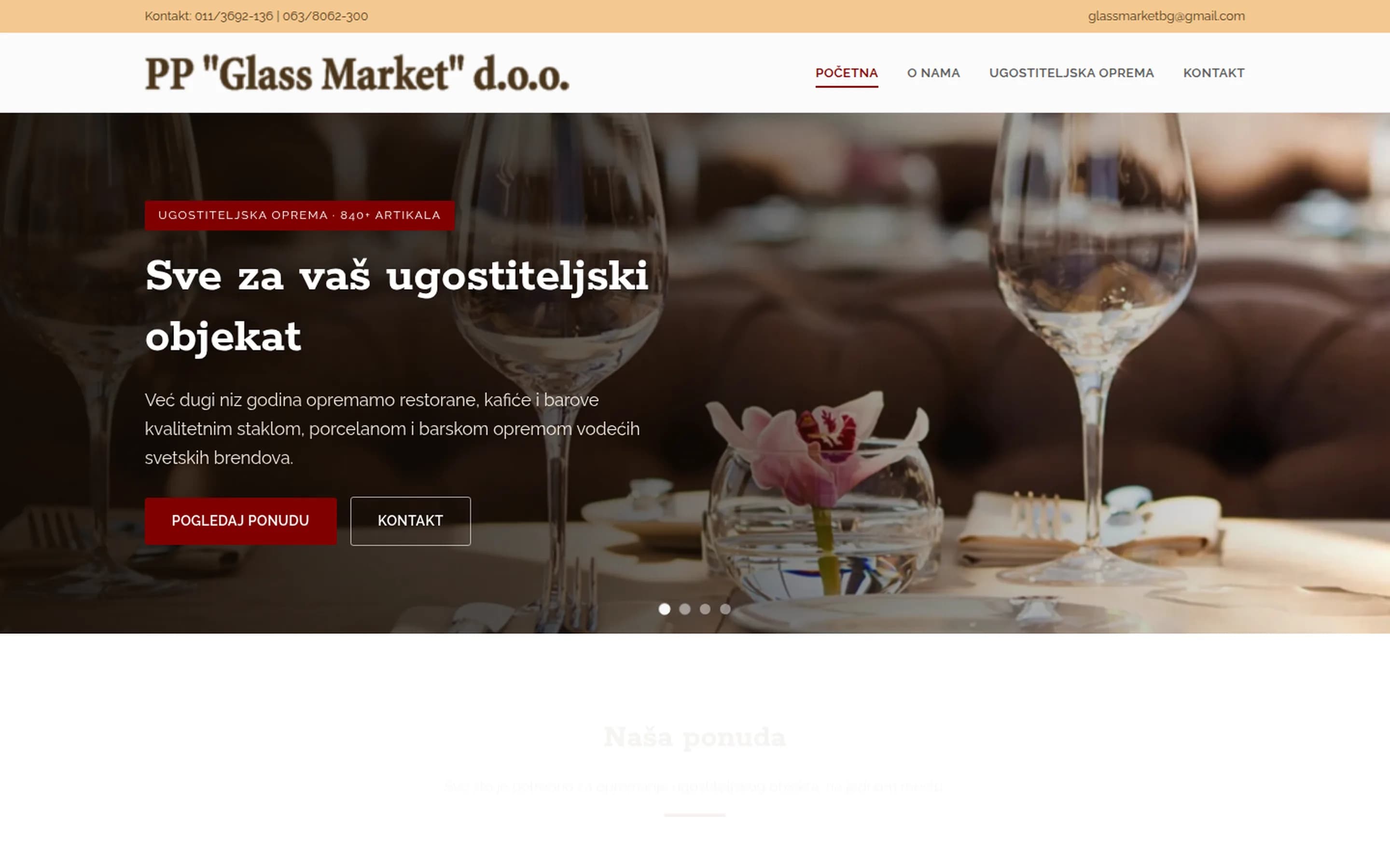 Sajt Glass Market — ugostiteljska oprema, Beograd — screenshot početne stranice koju je izradio StartUp Solutions