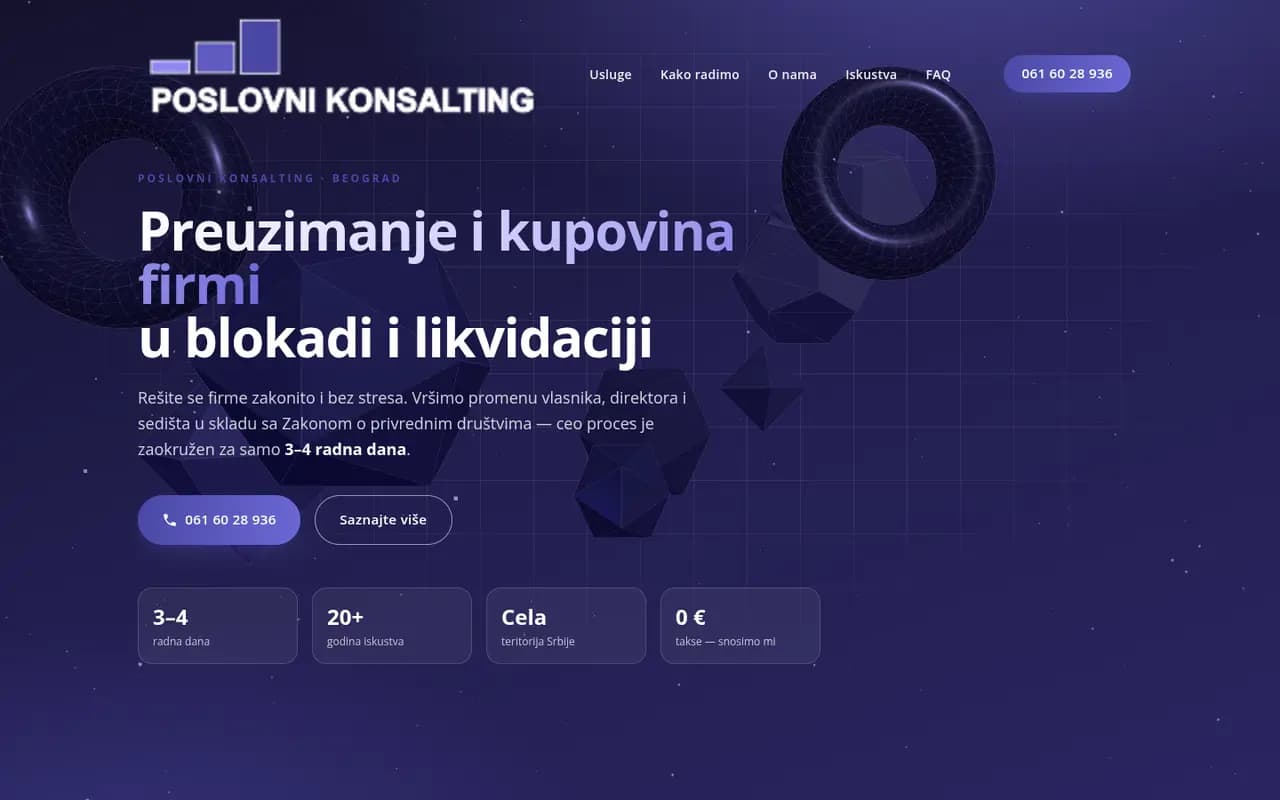 Sajt Preuzimanje i kupovina firmi — Poslovni konsalting — screenshot početne stranice koju je izradio StartUp Solutions