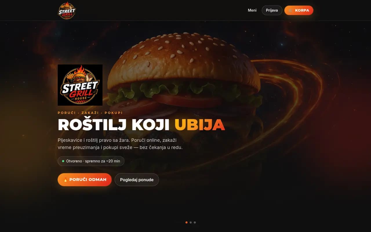 Sajt Street Grill House — online poručivanje (sgh.rs) — screenshot početne stranice koju je izradio StartUp Solutions