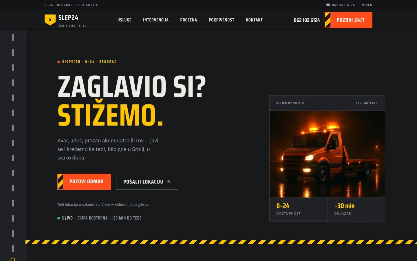 Sajt Šlep služba Majnovski — pomoć na putu 0–24 (Beograd) — screenshot početne stranice koju je izradio StartUp Solutions
