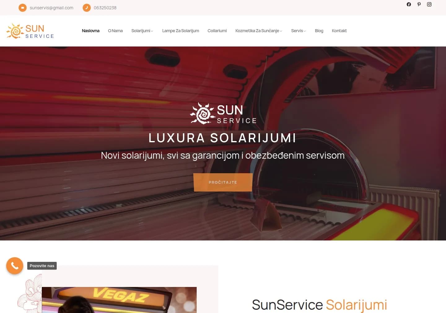 Sajt SunService Solarijum — prodaja i servis solarijuma — screenshot početne stranice koju je izradio StartUp Solutions