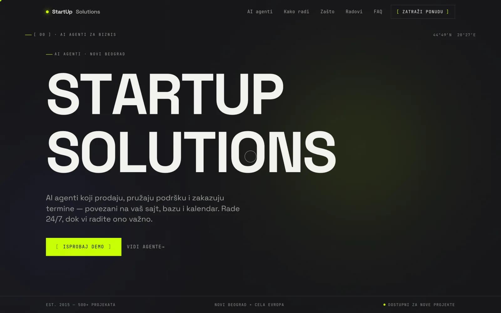 Sajt StartUp Solutions — AI agenti za biznis — screenshot početne stranice koju je izradio StartUp Solutions