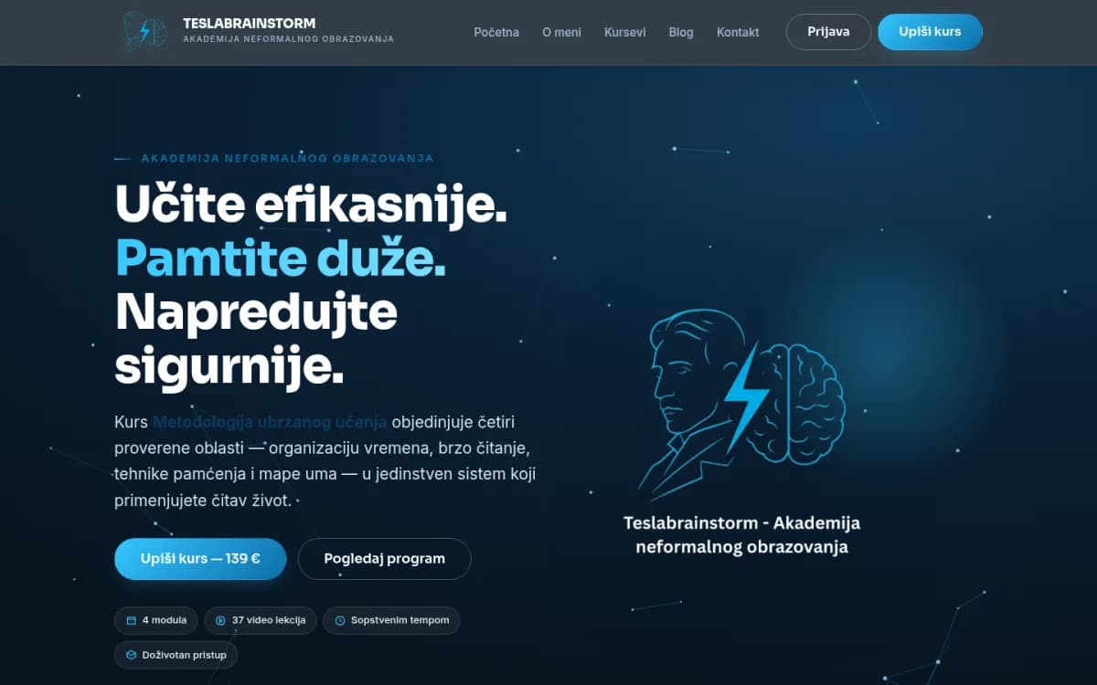 Sajt TeslaBrainstorm — platforma za onlajn kurseve — screenshot početne stranice koju je izradio StartUp Solutions
