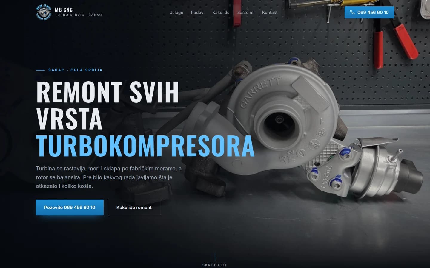Sajt MB CNC Turbo Servis — remont turbokompresora, Šabac — screenshot početne stranice koju je izradio StartUp Solutions