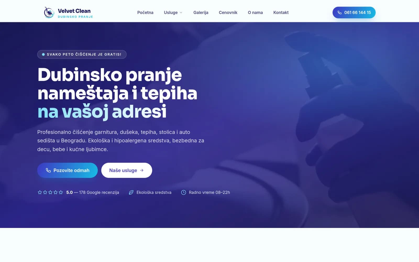 Sajt Velvet Clean — dubinsko pranje nameštaja i tepiha — screenshot početne stranice koju je izradio StartUp Solutions